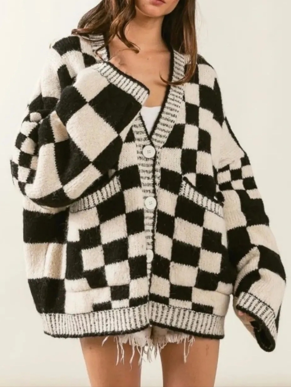 BiBi Black and Cream Checkerboard Oversized Cardigan